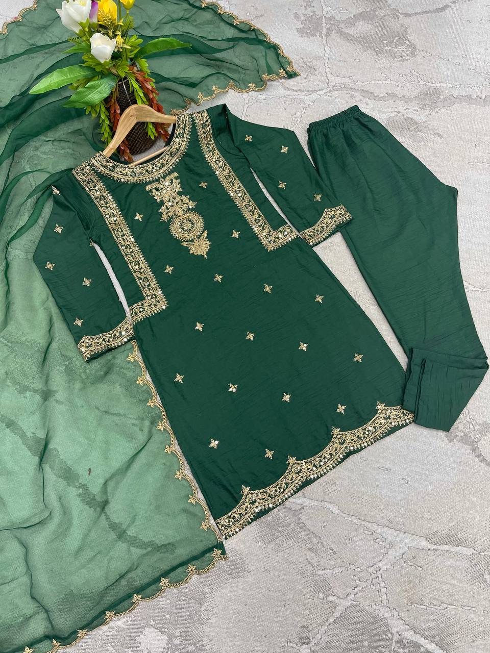 Green Color Embroidery Coding Dori Work Silk Salwar Suit Clothsvilla