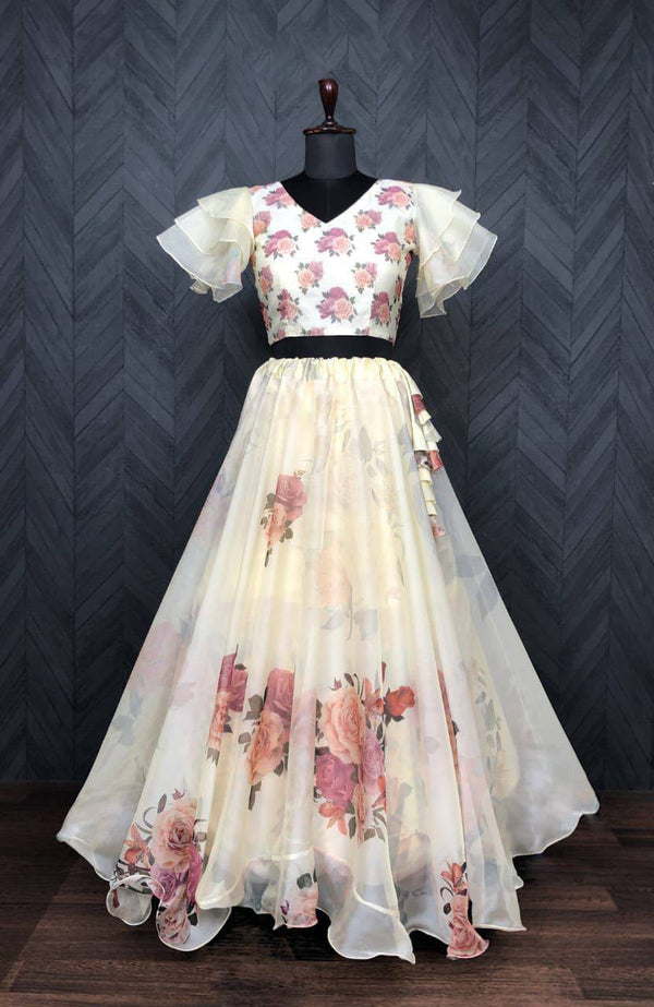 Full-Stitched Flower Print Off White Top With Lehenga