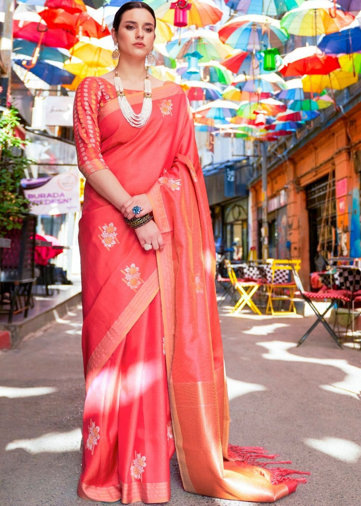 Candy Red Designer Wear Woven Banarasi Silk Saree Clothsvilla