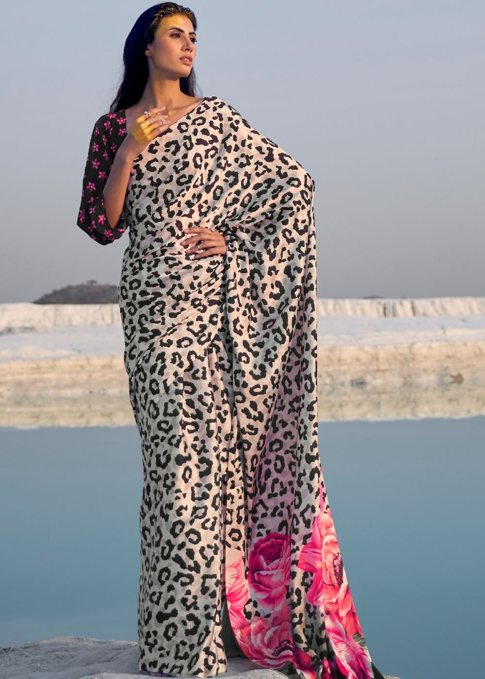 Black and White Leopard Print Crepe Silk Saree Clothsvilla