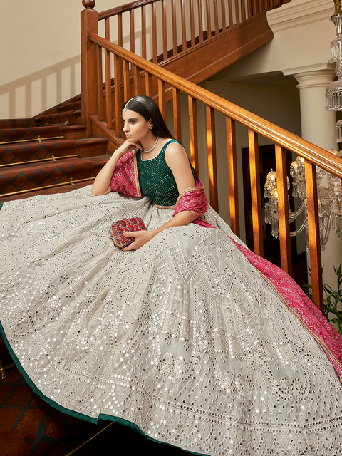 White Georgette Semi Stitched Lehenga With Unstitched Blouse Clothsvilla Main image