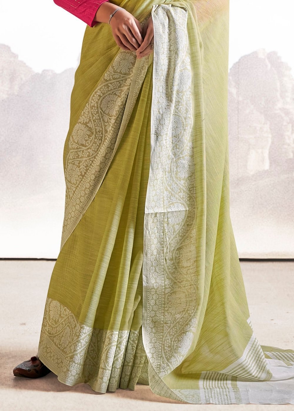 Sage Green Soft Linen Silk Saree with Lucknowi work and Sequence Blouse Clothsvilla
