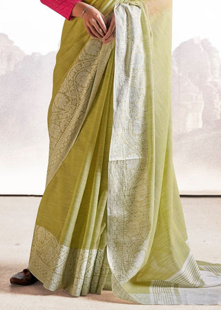 Sage Green Soft Linen Silk Saree with Lucknowi work and Sequence Blouse Clothsvilla