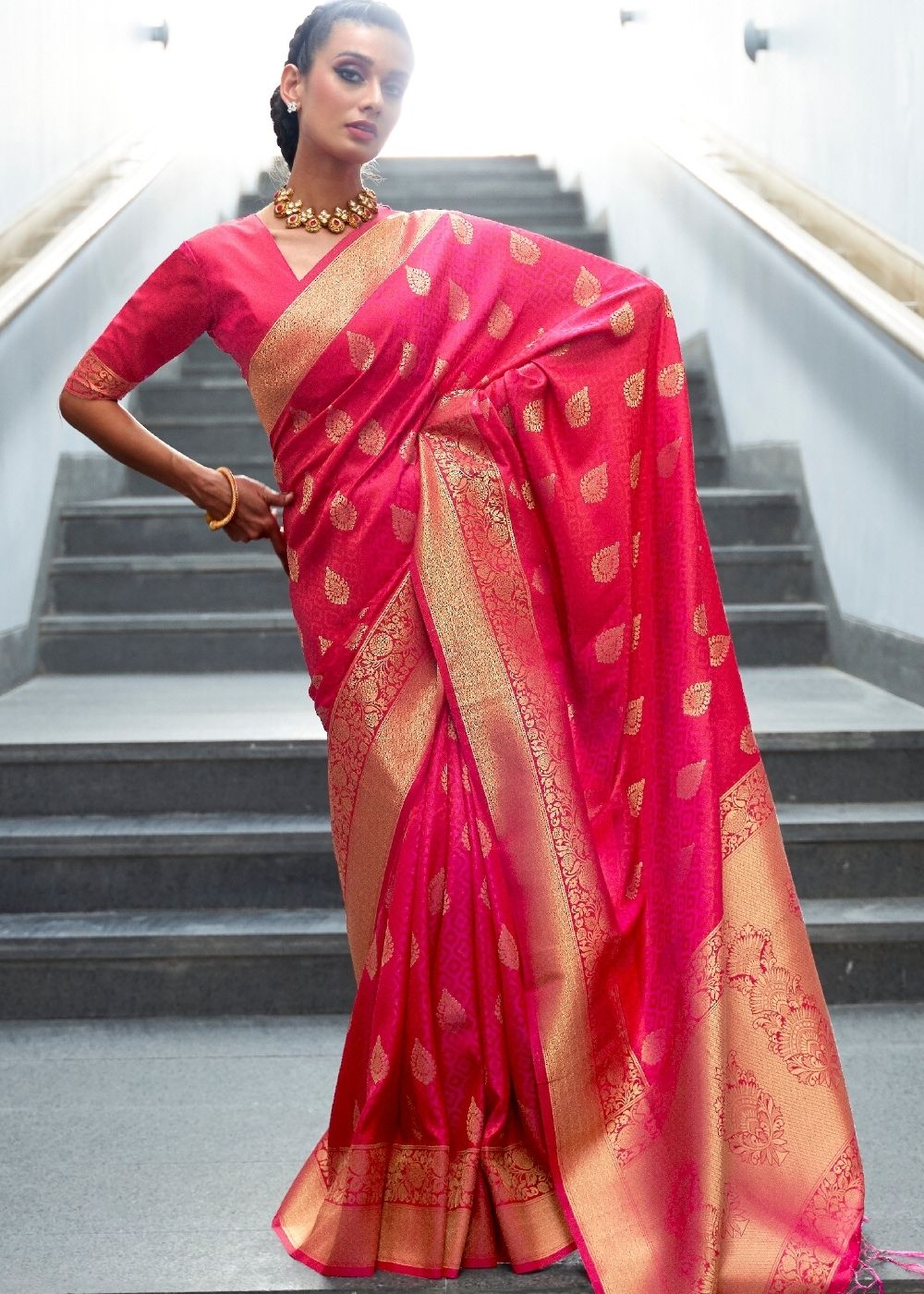 Ruby Pink Woven Banarasi Silk Saree with overall Butti Clothsvilla Main image