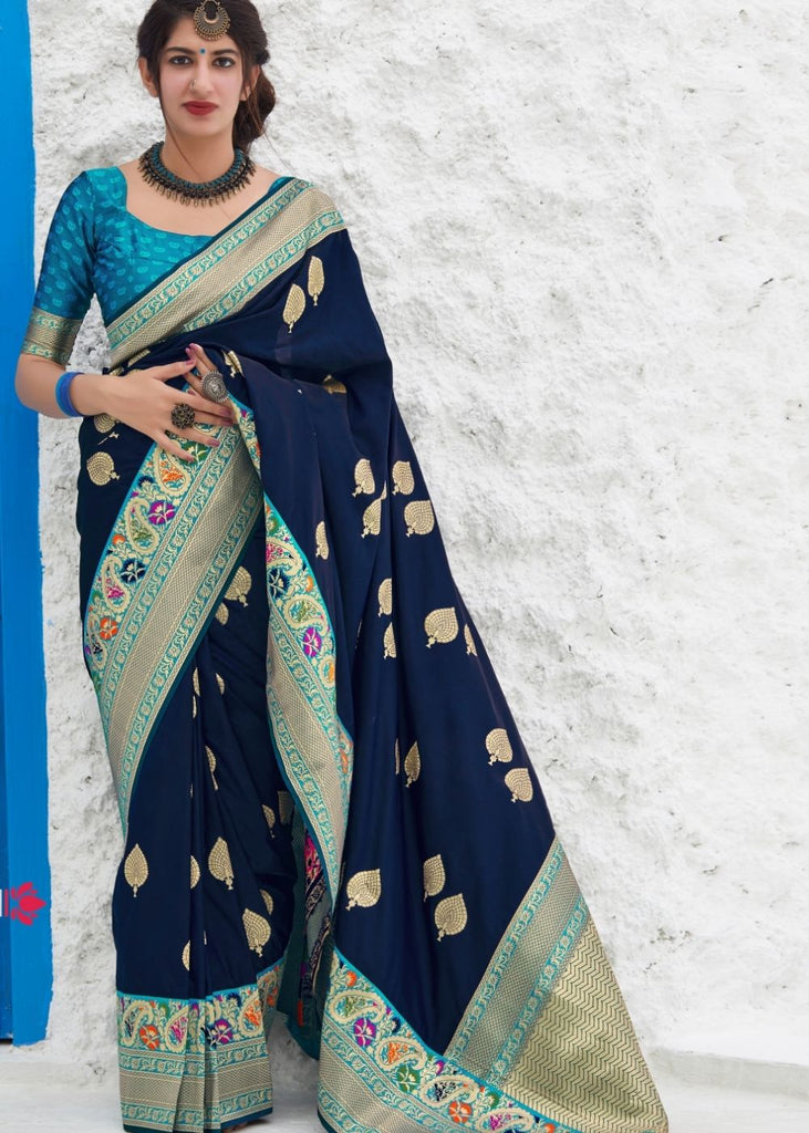 Indigo Blue Soft Banarasi Silk Saree with Zari Woven Butti overall Clothsvilla