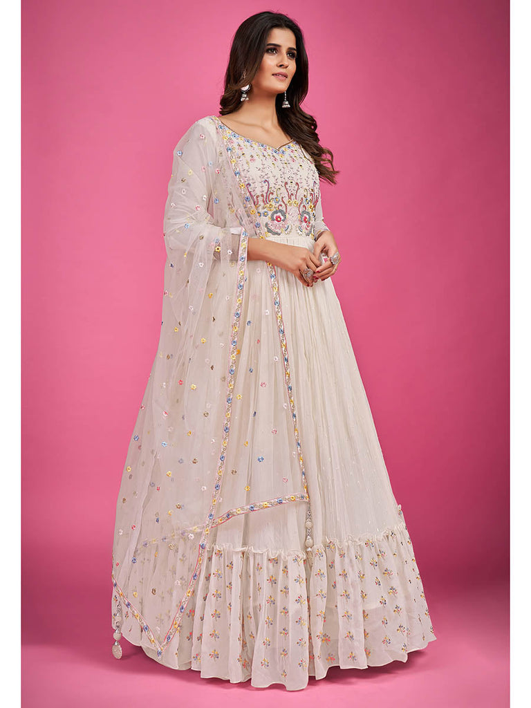 White Pure Georgette Embroidered Gown Clothsvilla