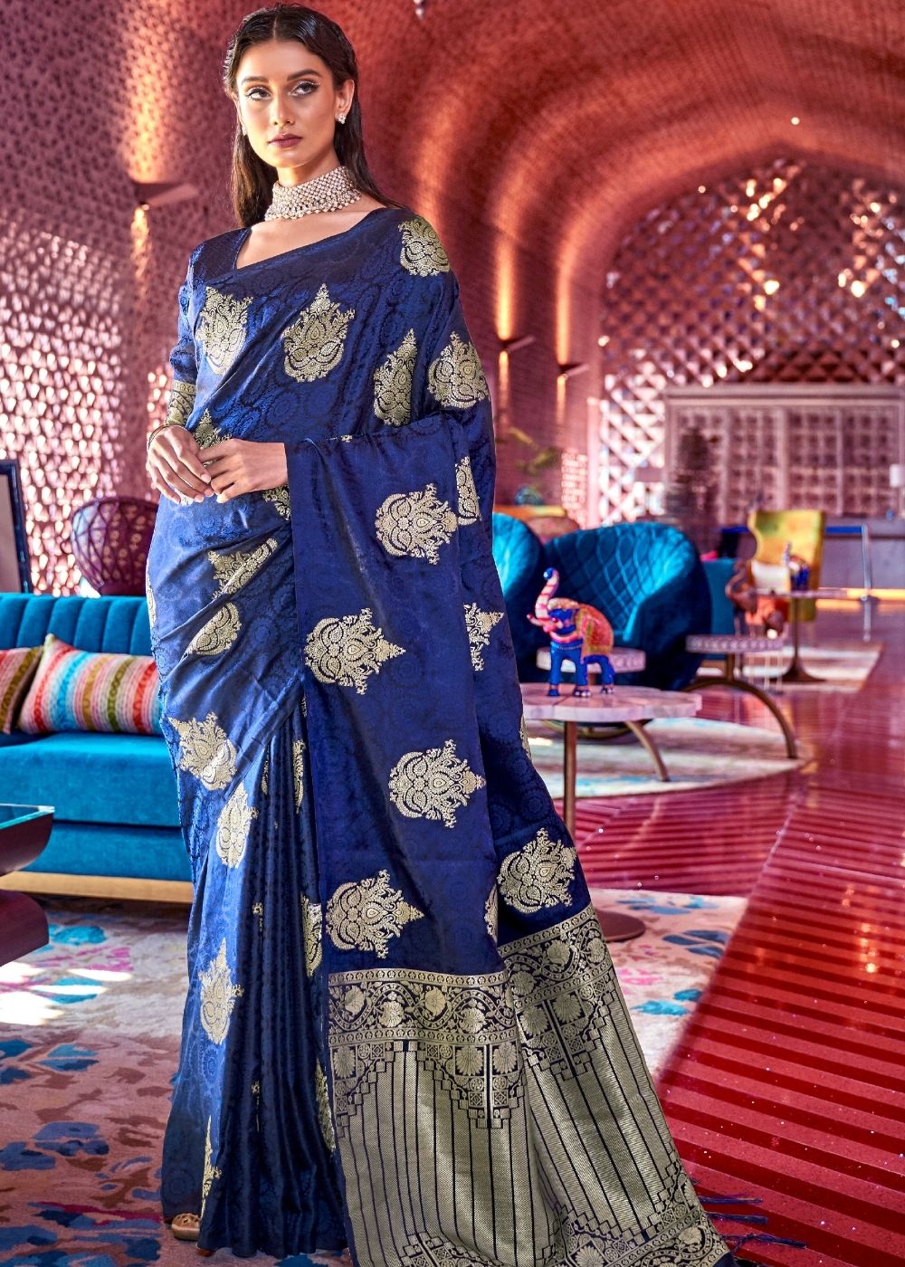 Berry Blue Satin Silk Saree with overall Golden Butti Clothsvilla Main image