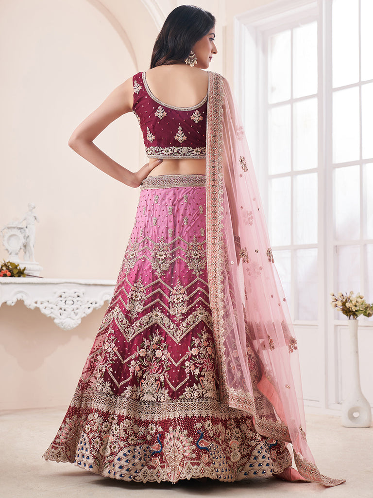 Beautiful Maroon And Pink Color Art Silk Semi Stitched Lehenga With Blouse Peice Clothsvilla