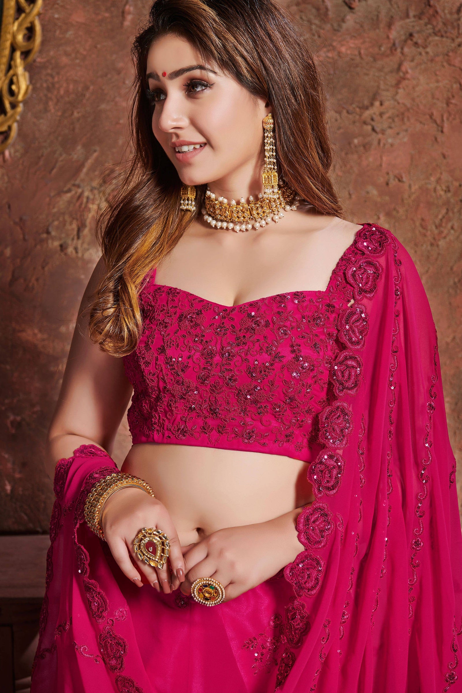 Alluring Pink Sequins Embroidered Georgette Wedding Lehenga Choli ClothsVilla