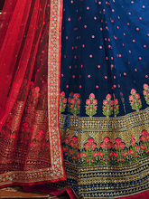 Load image into Gallery viewer, Dark Blue Embroidered Soft Net Semi Stitched Lehenga With Unstitched Blouse Clothsvilla