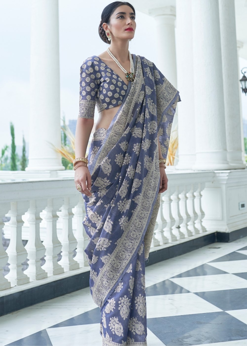 Ocean Blue Lucknowi Chikankari Weaving Silk Saree Clothsvilla
