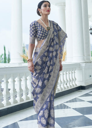 Ocean Blue Lucknowi Chikankari Weaving Silk Saree Clothsvilla