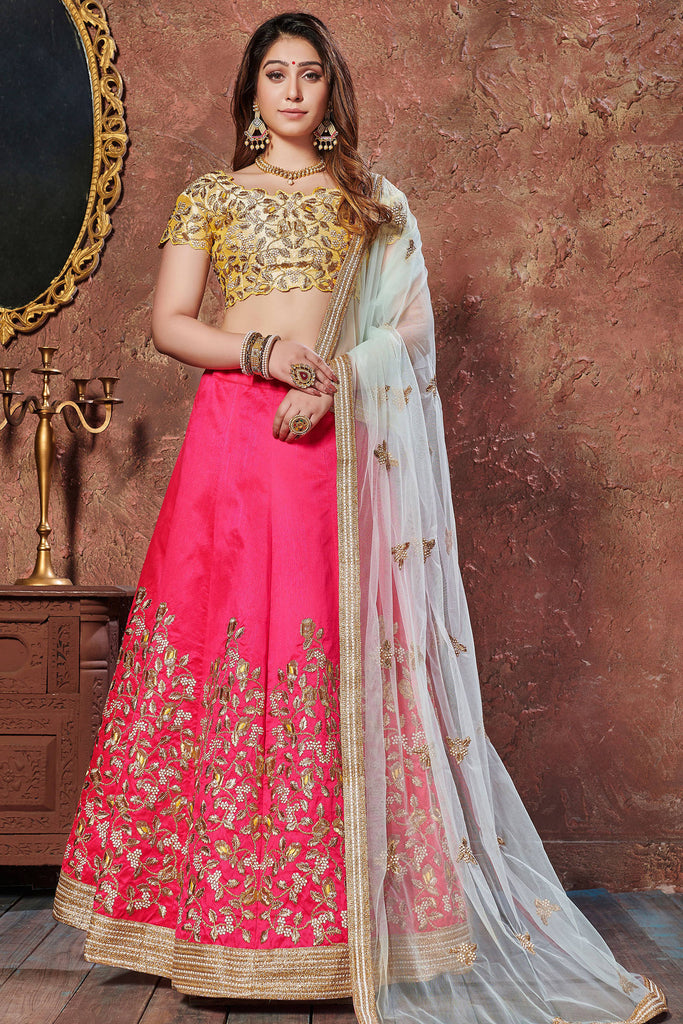 Buy Women Pink and Beige Net Wedding Lehenga Choli with Dupatta -Inddus.in.