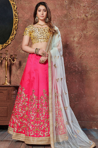 Stunning Hot Pink Thread Embroidered Mulberry Silk Bridal Lehenga Choli ClothsVilla
