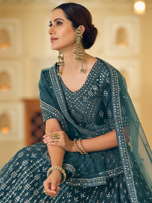 Teal Embroidered Soft Net Semi Stitched Lehenga With Unstitched Blouse Clothsvilla