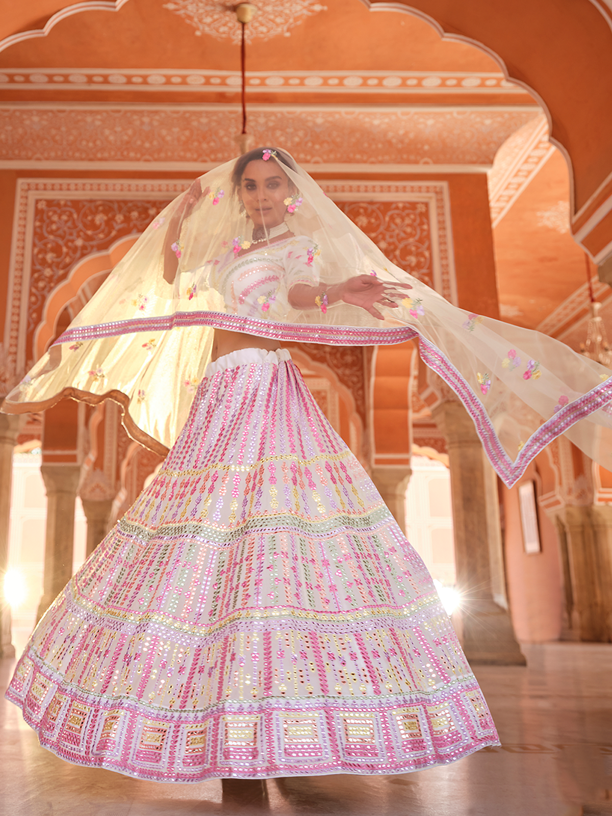 White Embroidered Organza Semi Stitched Lehenga With Unstitched Blouse Clothsvilla