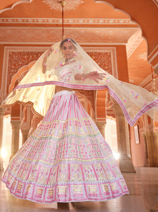 White Embroidered Organza Semi Stitched Lehenga With Unstitched Blouse Clothsvilla