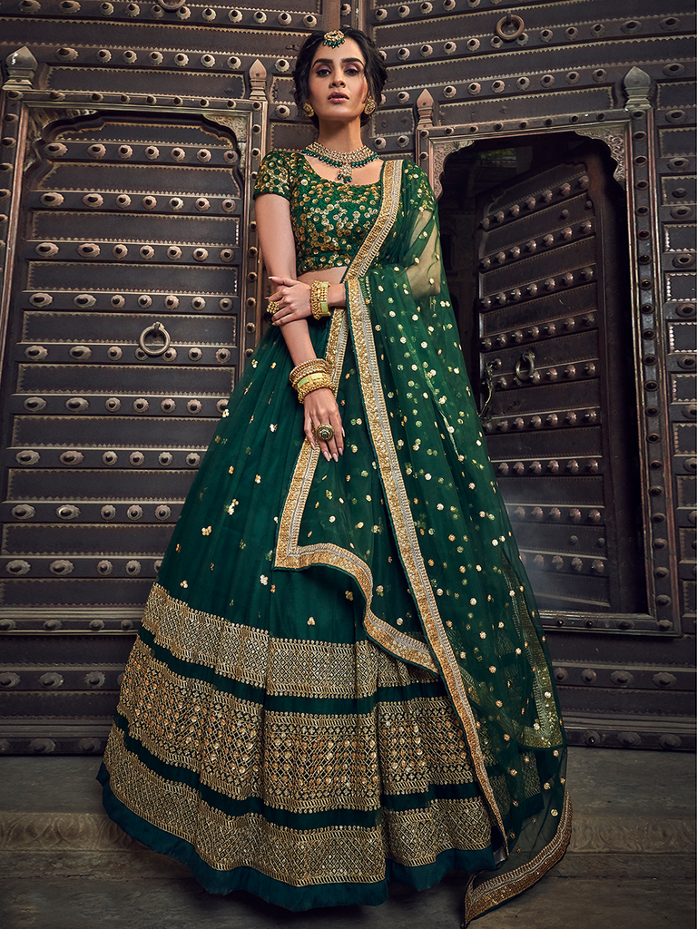 Green Embroidered Soft Net Semi Stitched Lehenga With Unstitched Blouse Clothsvilla