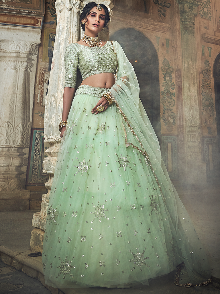 Sea Green Sequins, Zari Semi Stitched Lehenga With Unstitched Blouse Clothsvilla