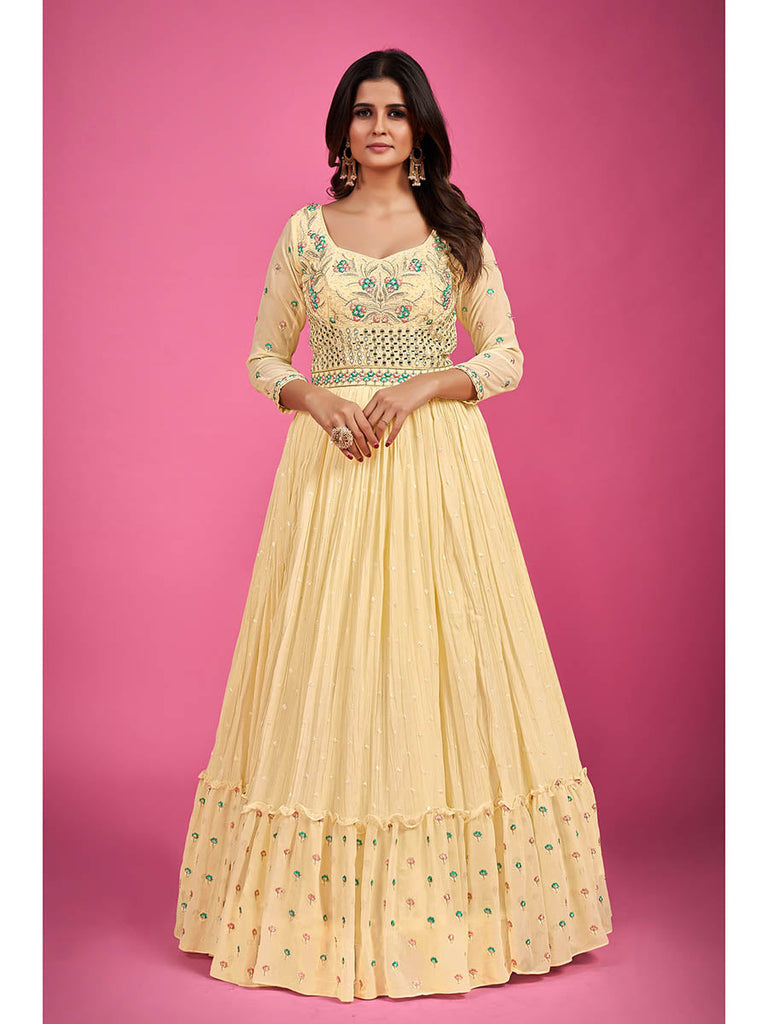 Yellow Pure Georgette Embroidered Gown Clothsvilla