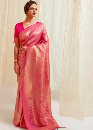 Hot Pink & Golden Blend Kanjivaram Silk Saree Clothsvilla
