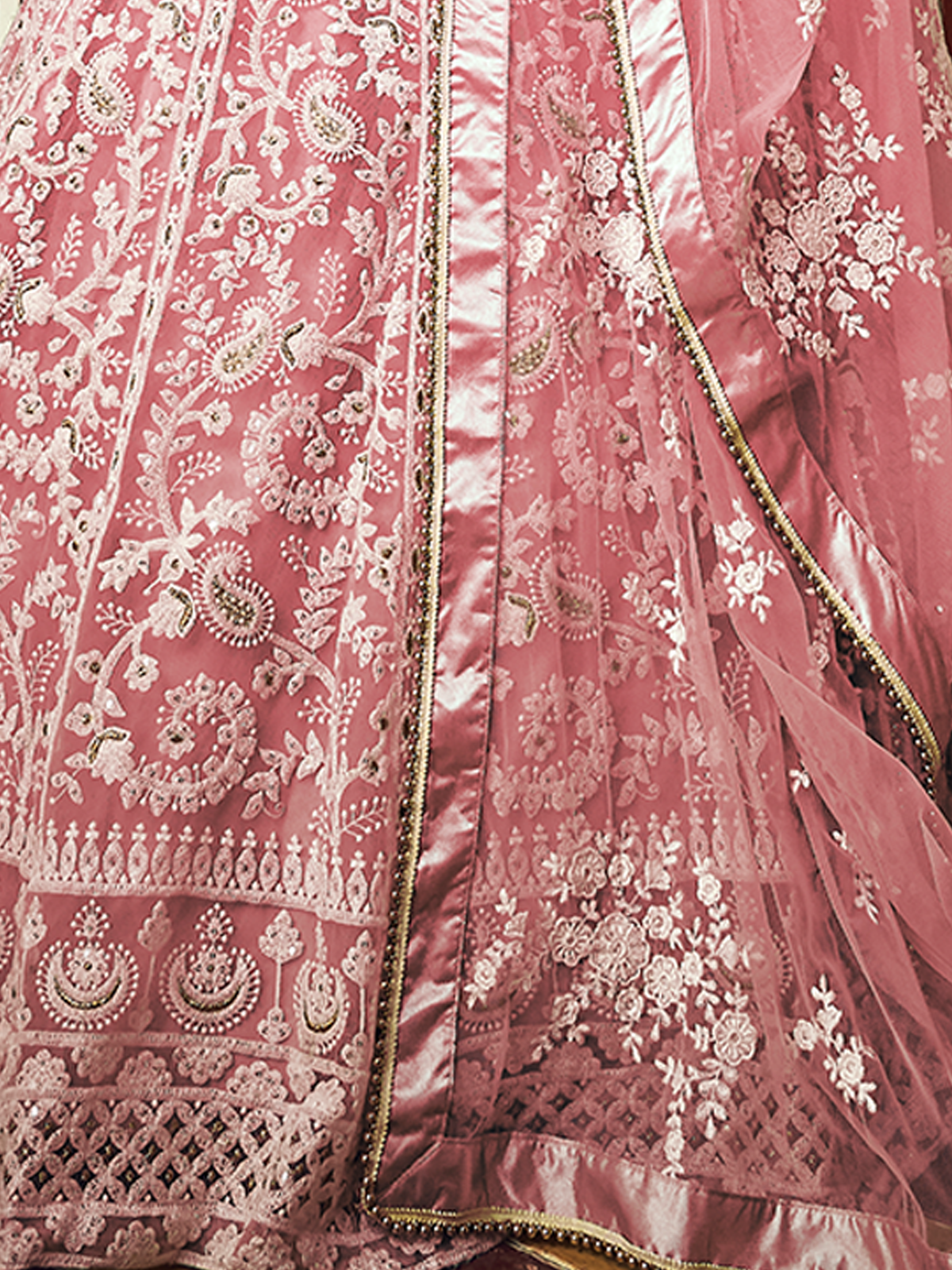 Pink Embroidered Soft Net Semi Stitched Lehenga With Unstitched Blouse Clothsvilla