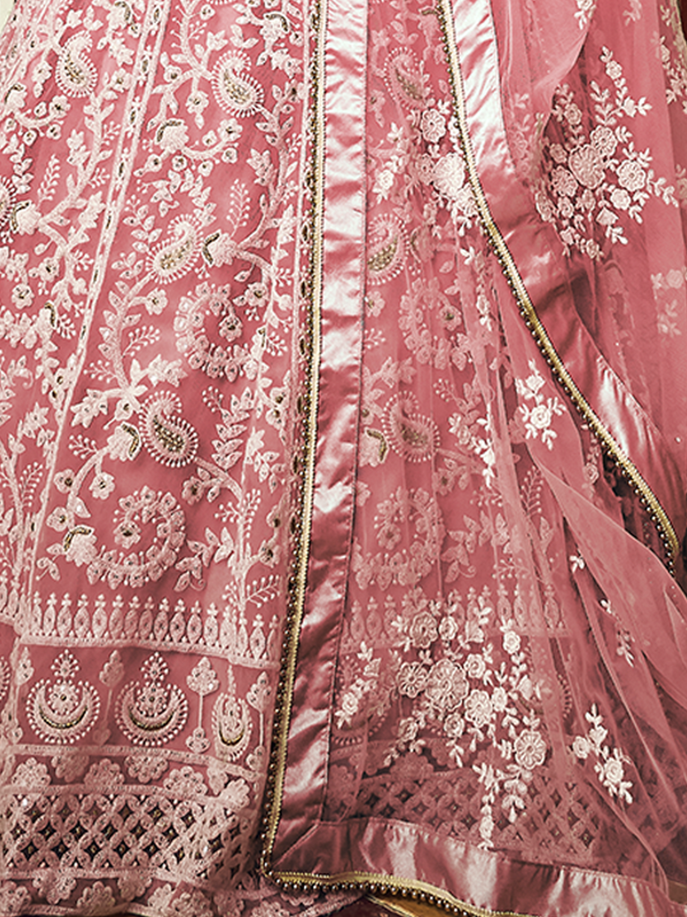 Pink Embroidered Soft Net Semi Stitched Lehenga With Unstitched Blouse Clothsvilla