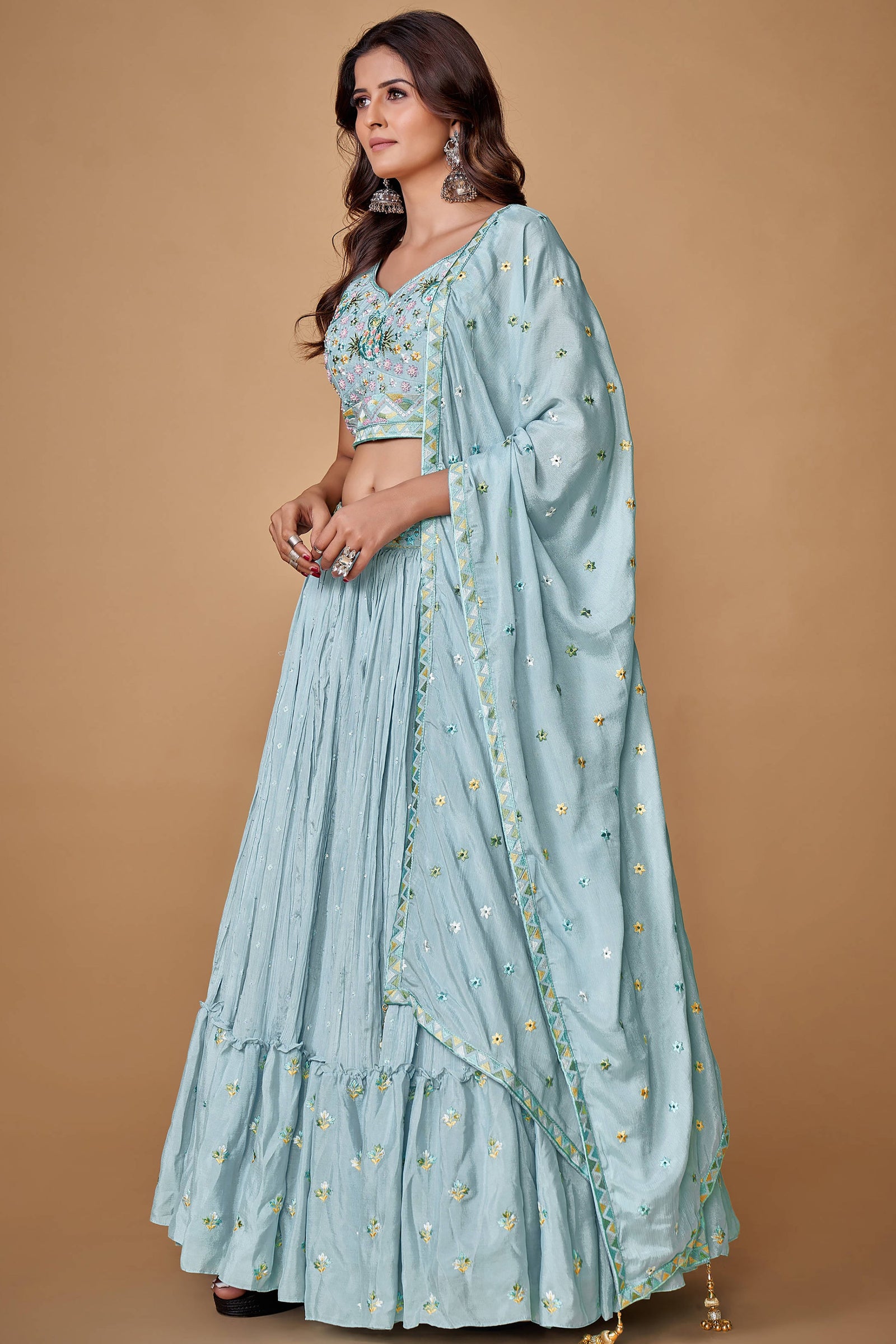 Powder Blue Thread Work Chiffon Silk Engagement Wear Lehenga Choli Clothsvilla