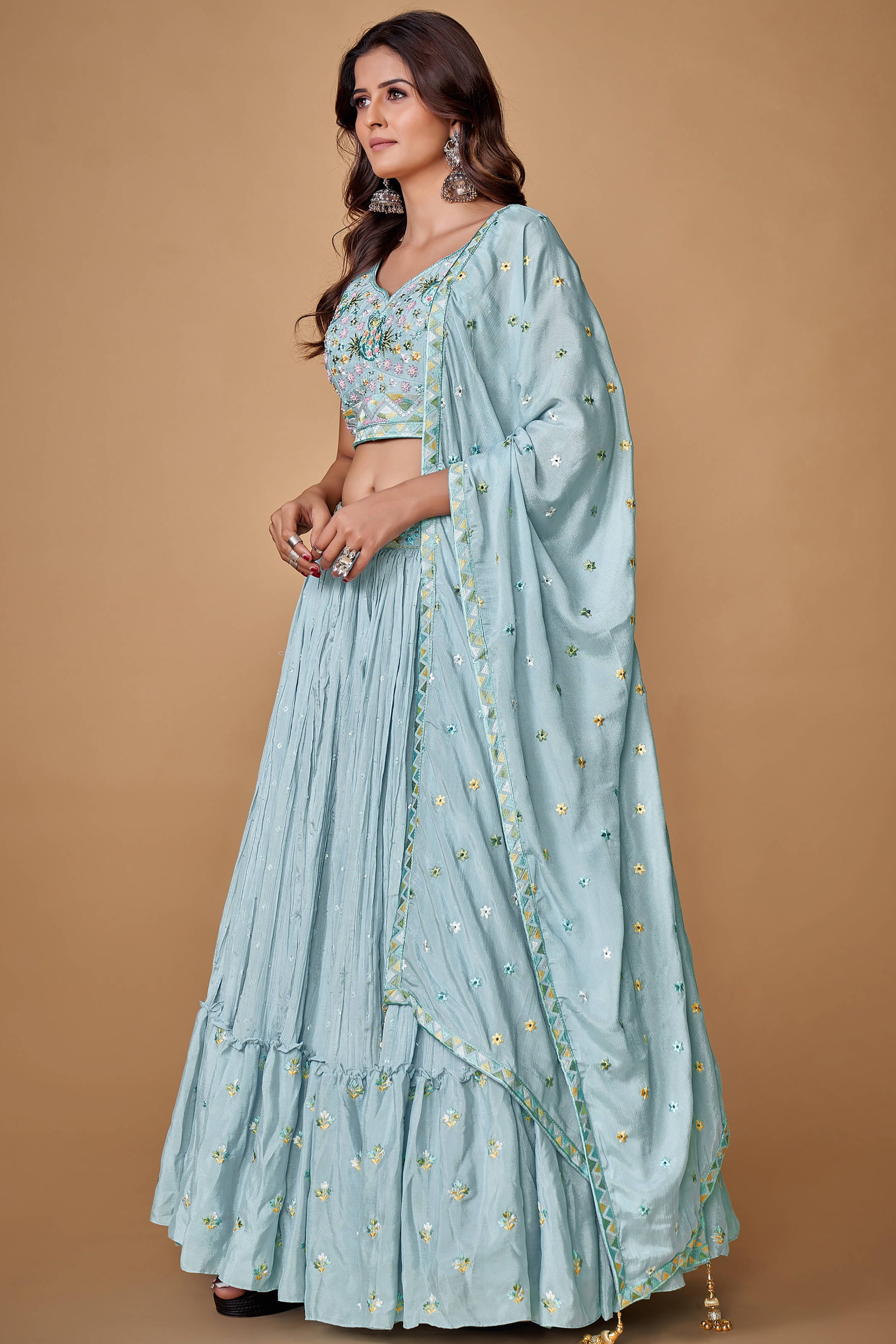 Powder Blue Thread Work Chiffon Silk Engagement Wear Lehenga Choli Clothsvilla