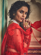 Load image into Gallery viewer, Red Embroidered Soft Net Semi Stitched Lehenga With Unstitched Blouse Clothsvilla