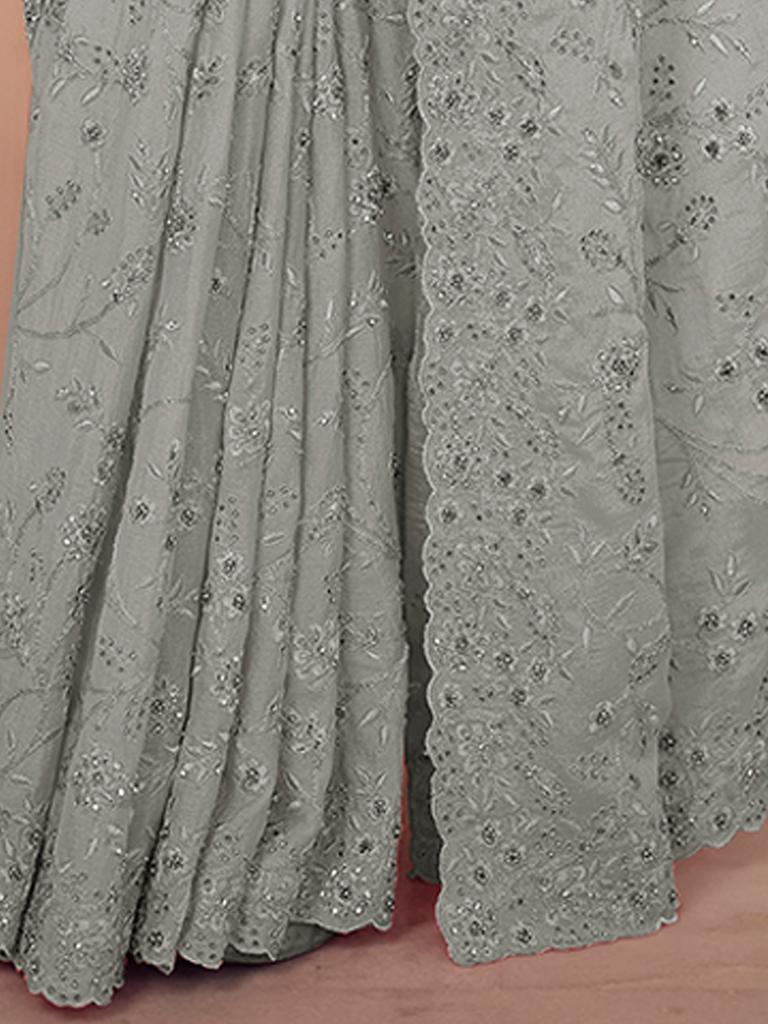 Grey Chiffon Saree With Unstitched Blouse Clothsvilla