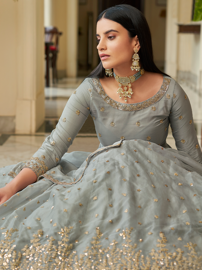 Grey Embroidered Semi Stitched Lehenga With Unstitched Blouse Clothsvilla