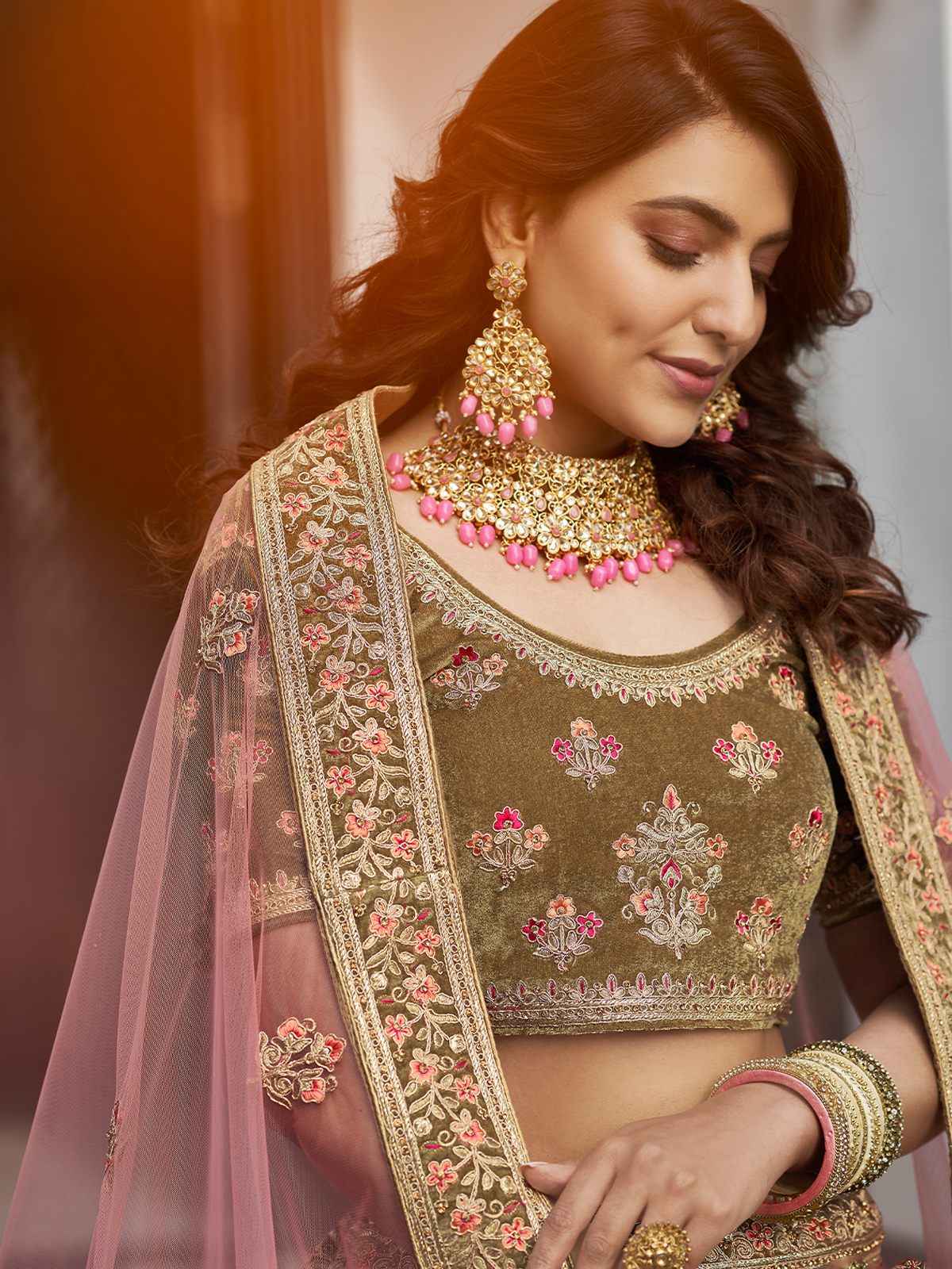 Olive Green Velvet Semi Stitched Lehenga With Unstitched Blouse Clothsvilla
