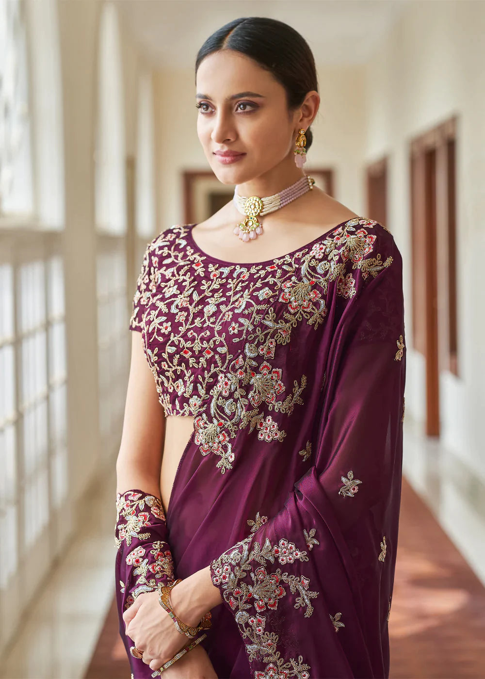 PURPLE CRAPE DORI, RESHAM,CUT-WORK Designer Saree Clothsvilla