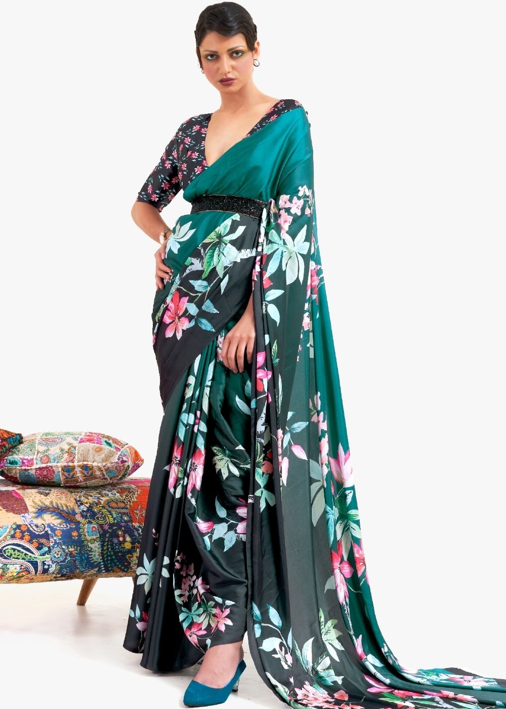 Teal Green Digital Printed Satin Crepe Saree Clothsvilla Main image