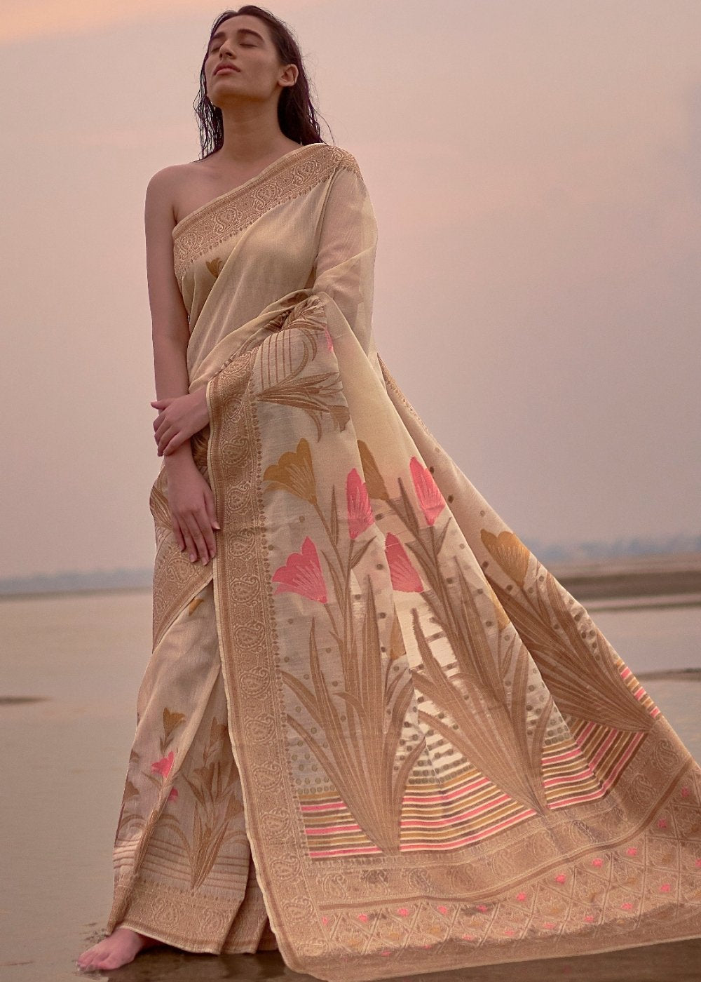 Beige Woven Linen Silk Saree with Floral Motif on Pallu and Border Clothsvilla Main image