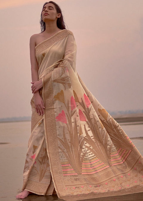 Beige Woven Linen Silk Saree with Floral Motif on Pallu and Border Clothsvilla Main image