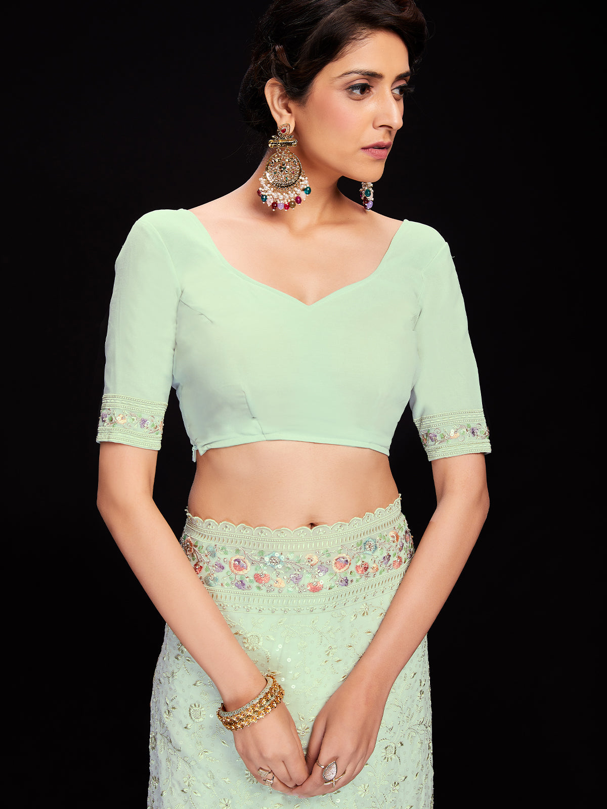 Sea Green Georgette Embroidered Saree With Unstitched Blouse Clothsvilla