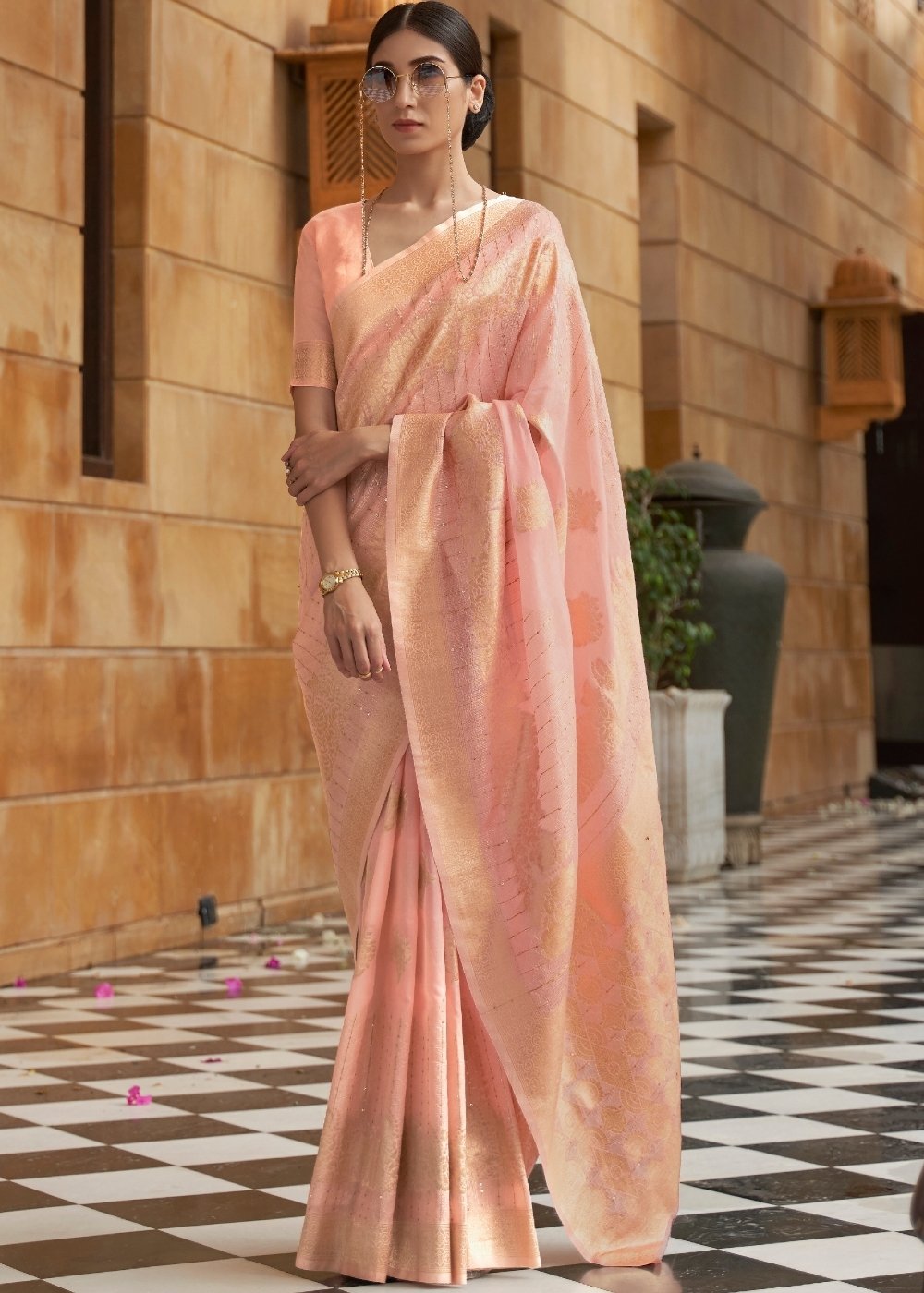 Flamingo Pink Zari Woven Silk Saree with Sequins work Clothsvilla Main image