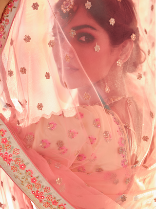 Beige Embroidered Crepe Semi Stitched Lehenga With Unstitched Blouse Clothsvilla