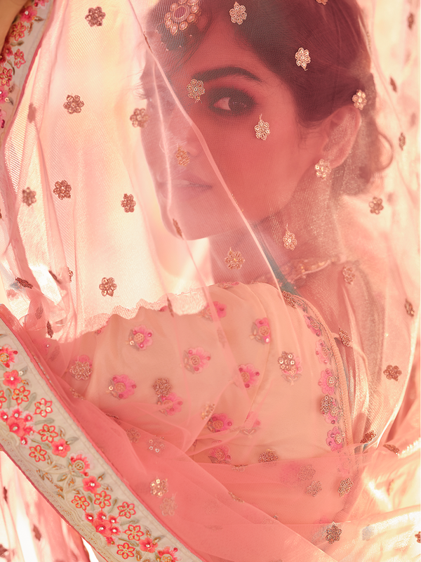 Beige Embroidered Crepe Semi Stitched Lehenga With Unstitched Blouse Clothsvilla
