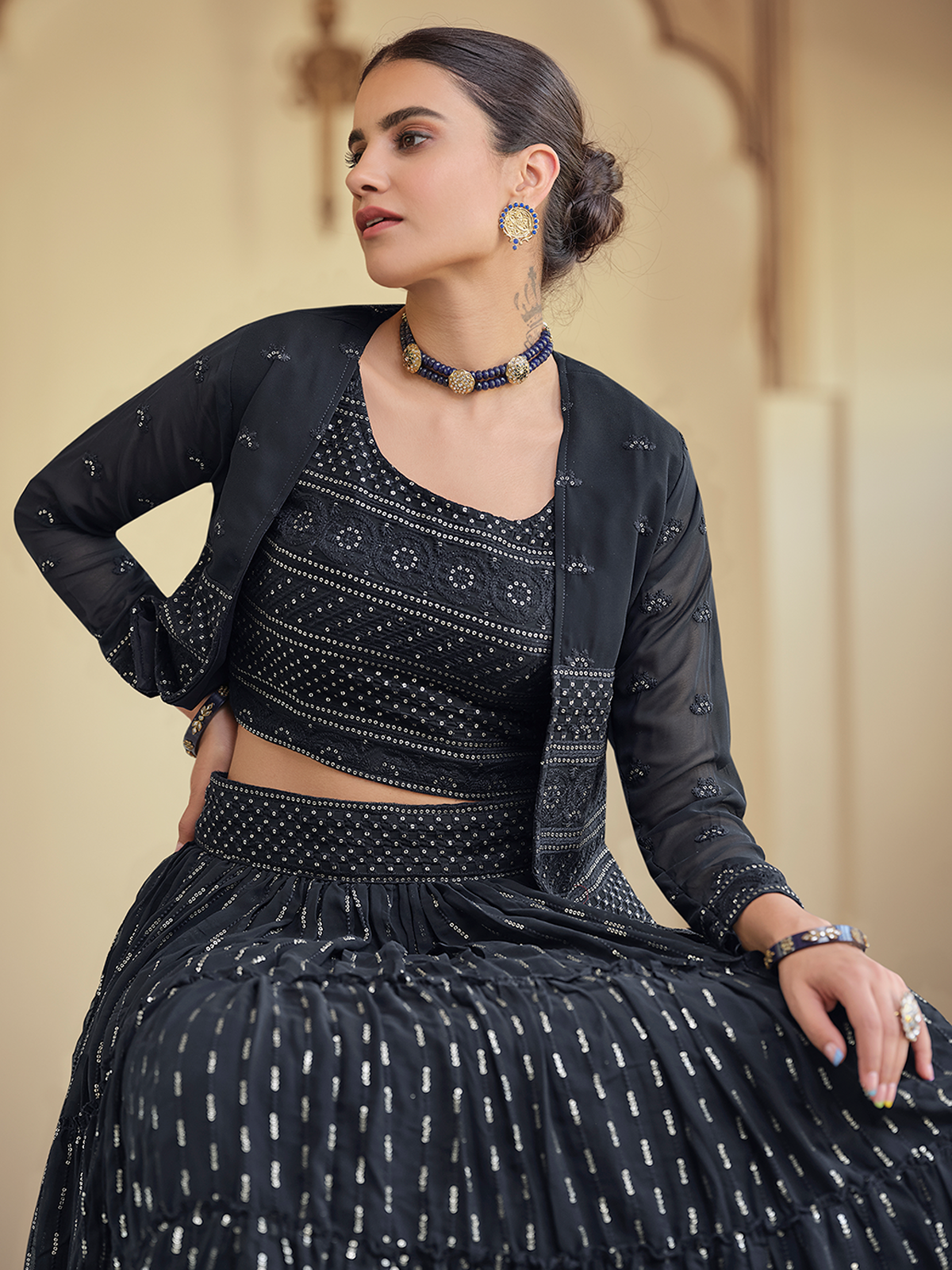 Dark Blue Embroidered Georgette Semi Stitched Lehenga With Unstitched Blouse Clothsvilla