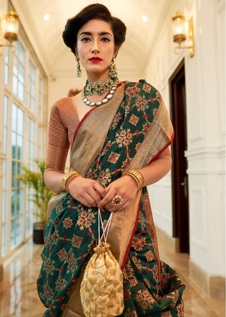 Dark Green Patola Silk Saree with Golden Border : Top Pick Clothsvilla