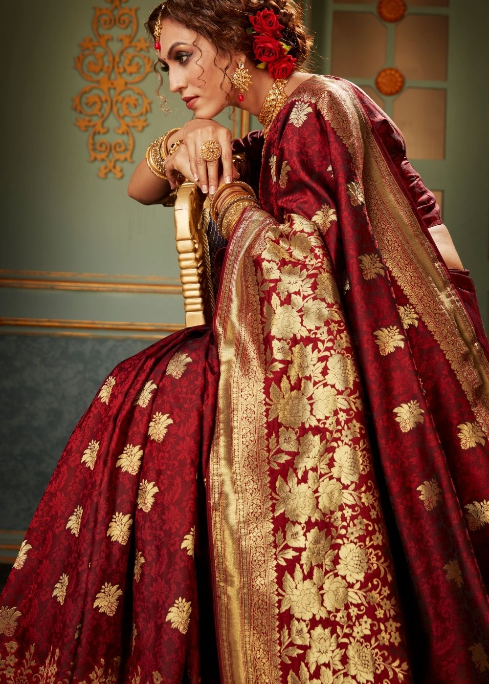 Maroon Red and Golden Banarasi Silk Saree Secondary image