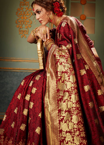 Maroon Red and Golden Banarasi Silk Saree Clothsvilla