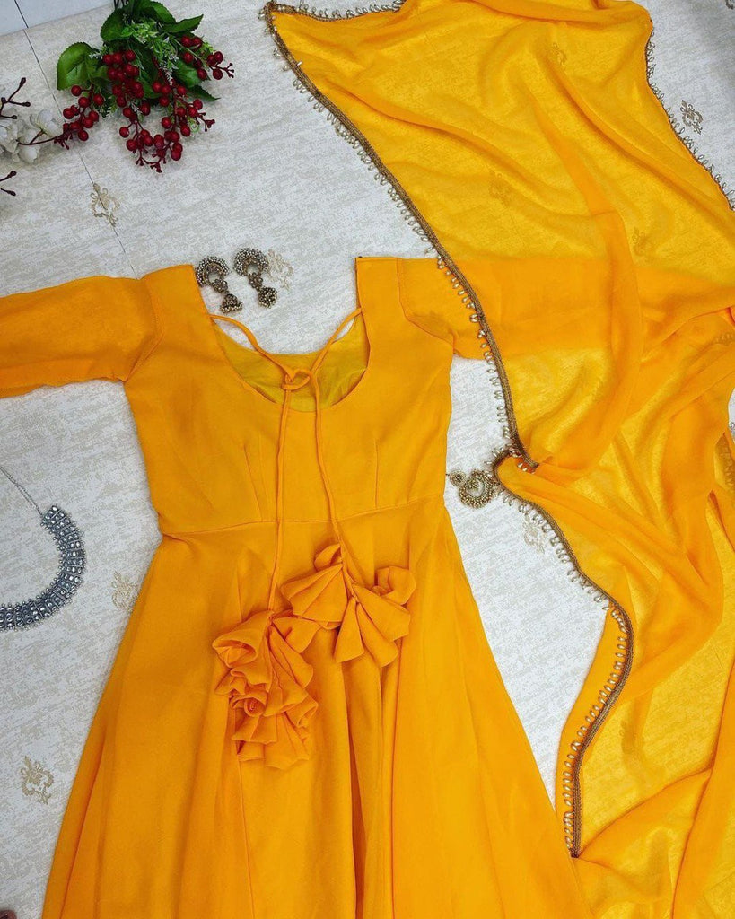 Good Looking Yellow Color Gown With Dupatta