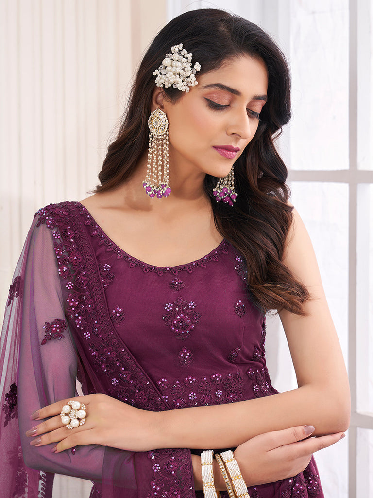 Purple Soft Net Embroidered Semi Stitched Lehenga Choli Clothsvilla