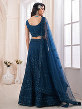 Load image into Gallery viewer, Teal Embroidered Soft Net Semi Stitched Lehenga With Blouse Piece Clothsvilla