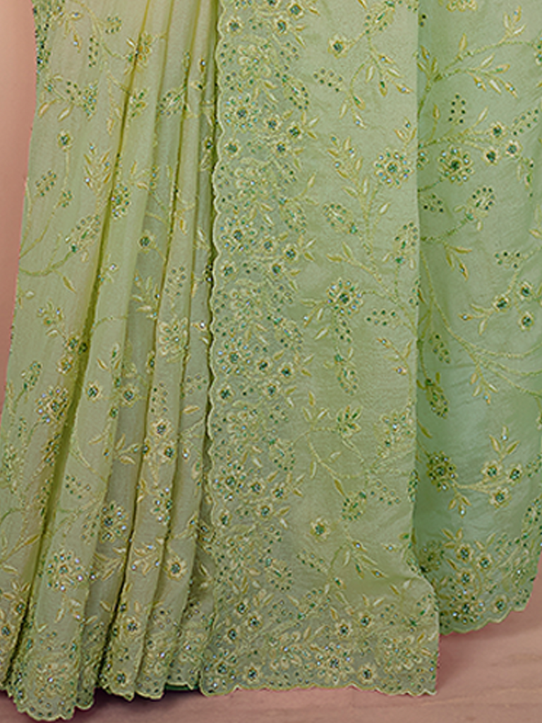 Green Chiffon Saree With Unstitched Blouse Clothsvilla