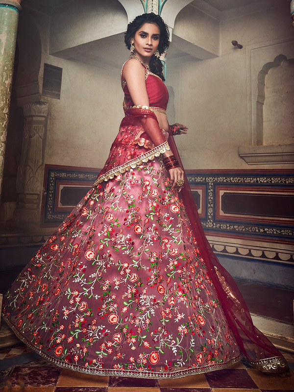 Peach Embroidered Art Silk Semi Stitched Lehenga With Unstitched Blouse Clothsvilla